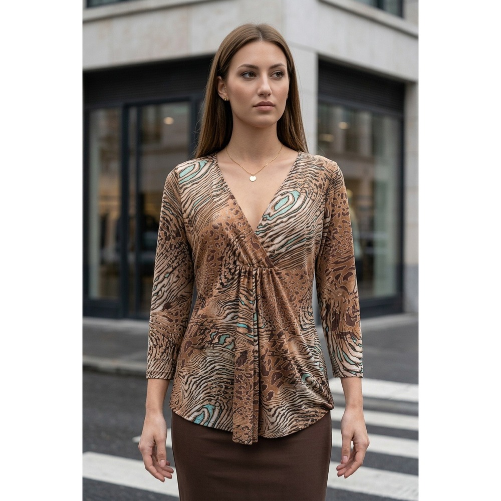 Investments Petites Animal Print V-Neck Tunic Top Brown PXL 3/4 Sleeve Y2K Boho